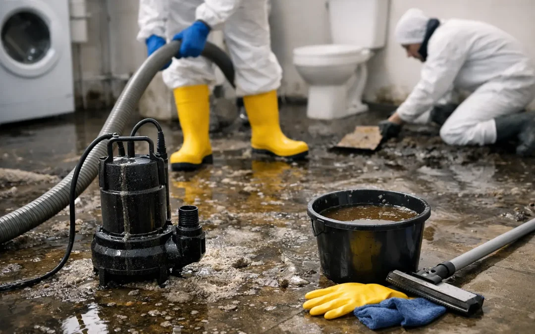 Technician in protective gear extracting Category 3 sewage water from a bathroom