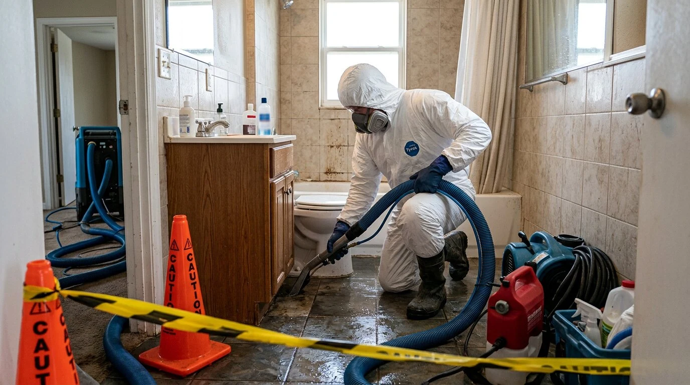 Technicians using truck-mounted extraction pumps to remove standing water from a flooded home